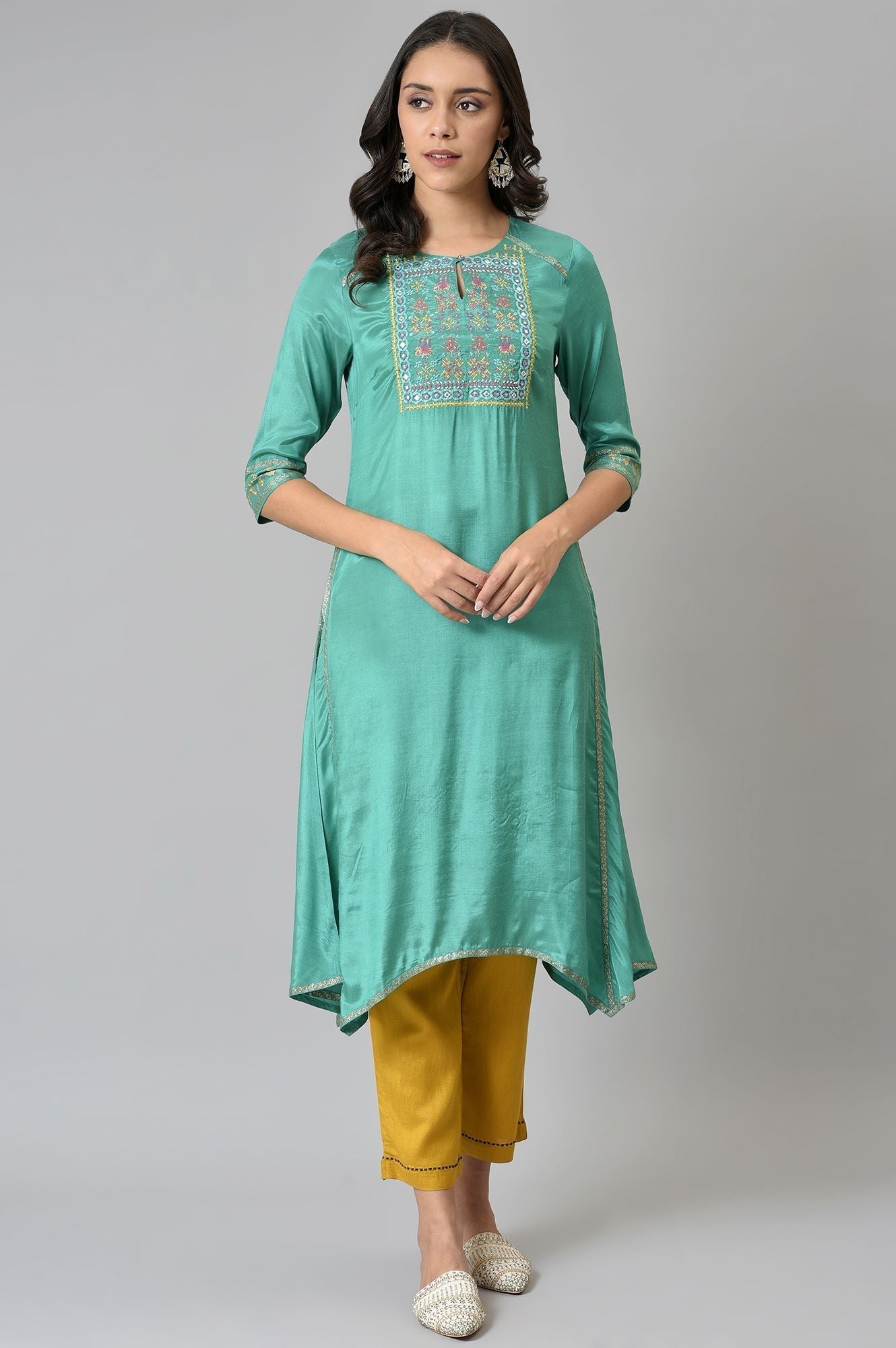 W for Woman Marine Green Embroidered and Mirror work Kurta