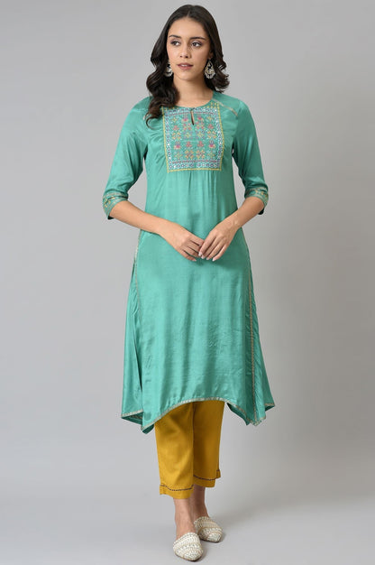 W for Woman Marine Green Embroidered and Mirror work Kurta