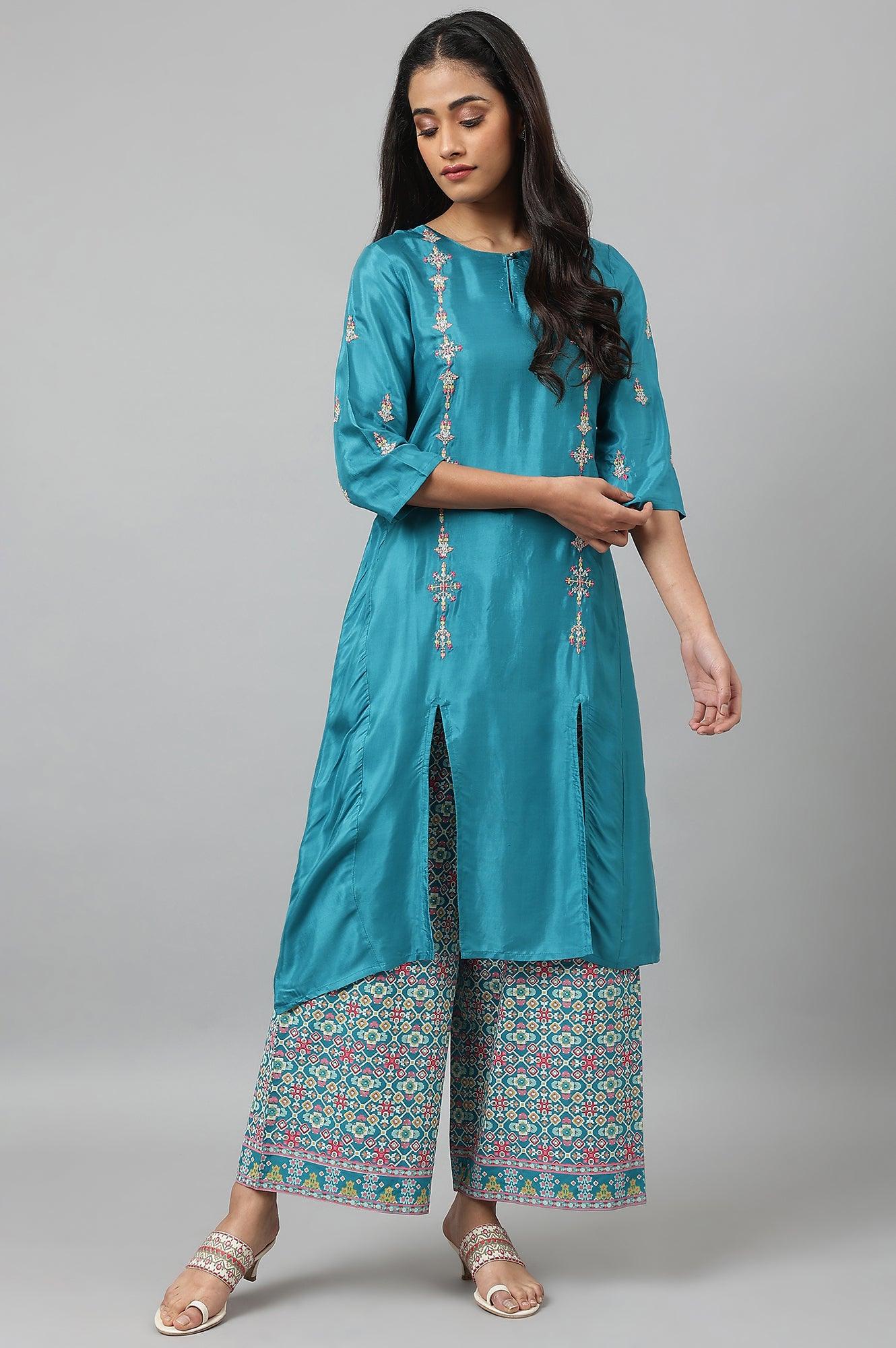 W for Woman Teal Embroidered kurta With Front Slit