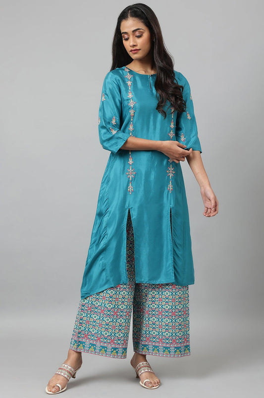 W for Woman Teal Embroidered kurta With Front Slit