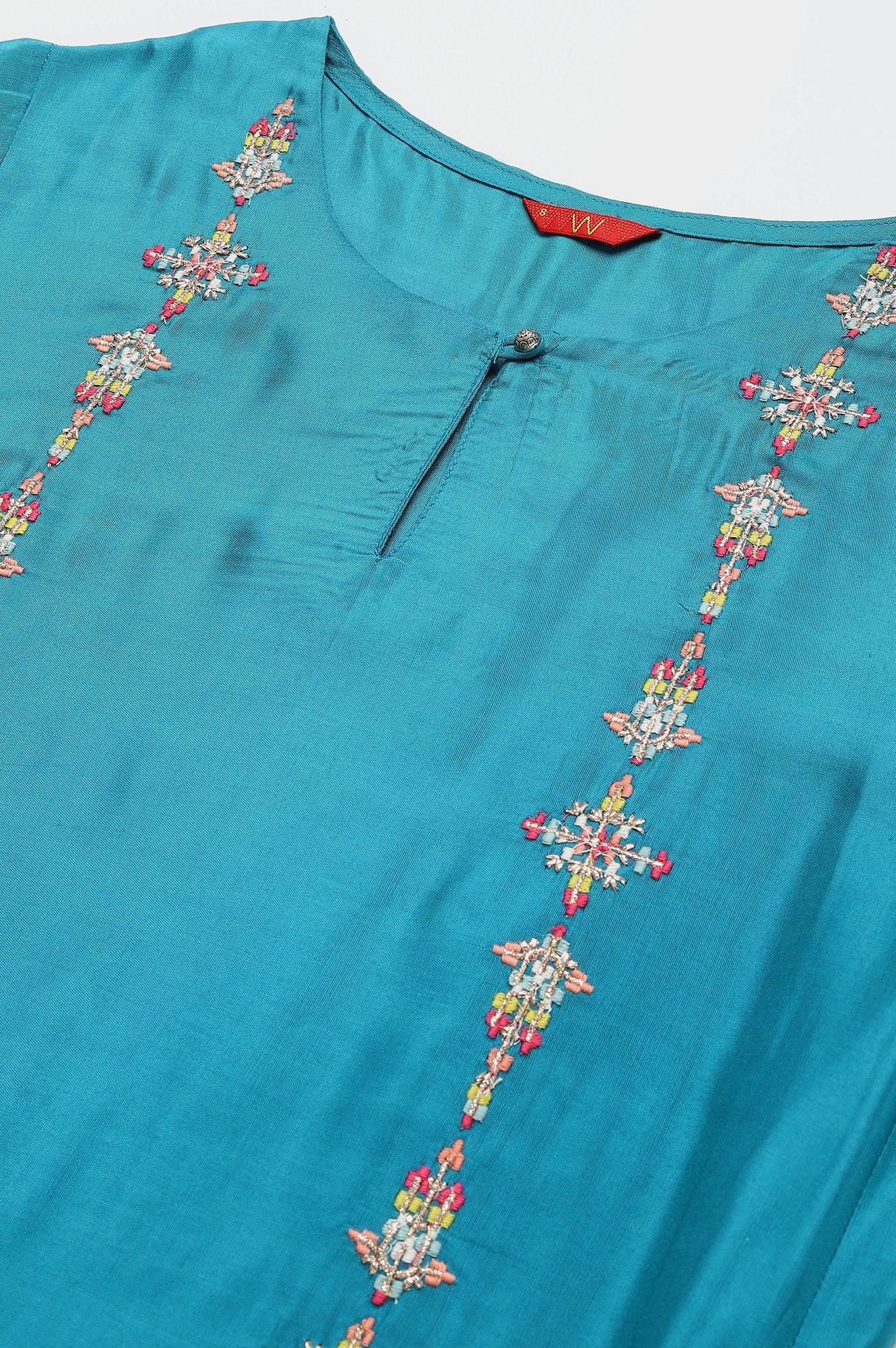 W for Woman Teal Embroidered kurta With Front Slit