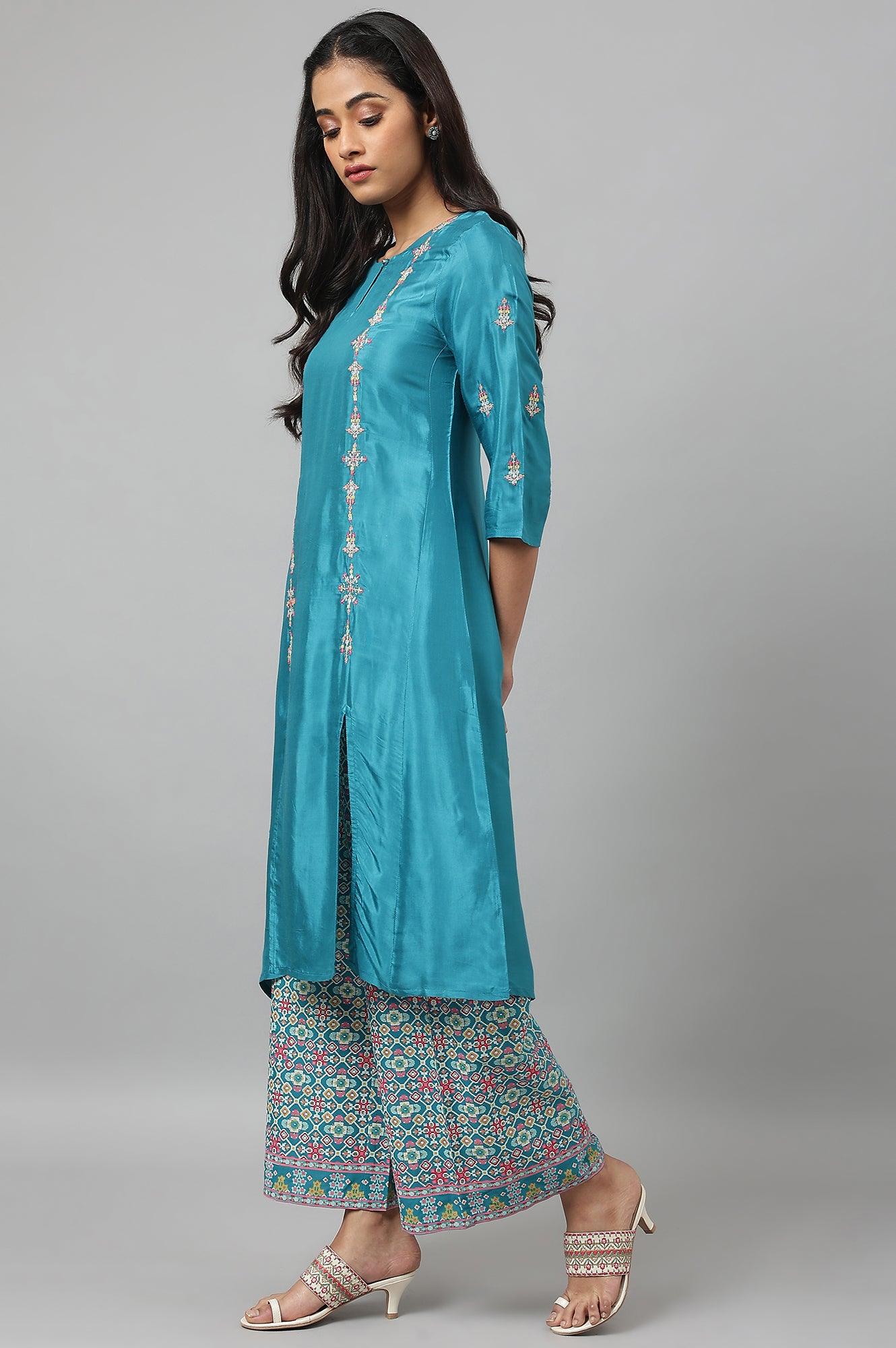 W for Woman Teal Embroidered kurta With Front Slit