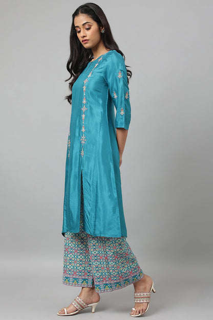 W for Woman Teal Embroidered kurta With Front Slit