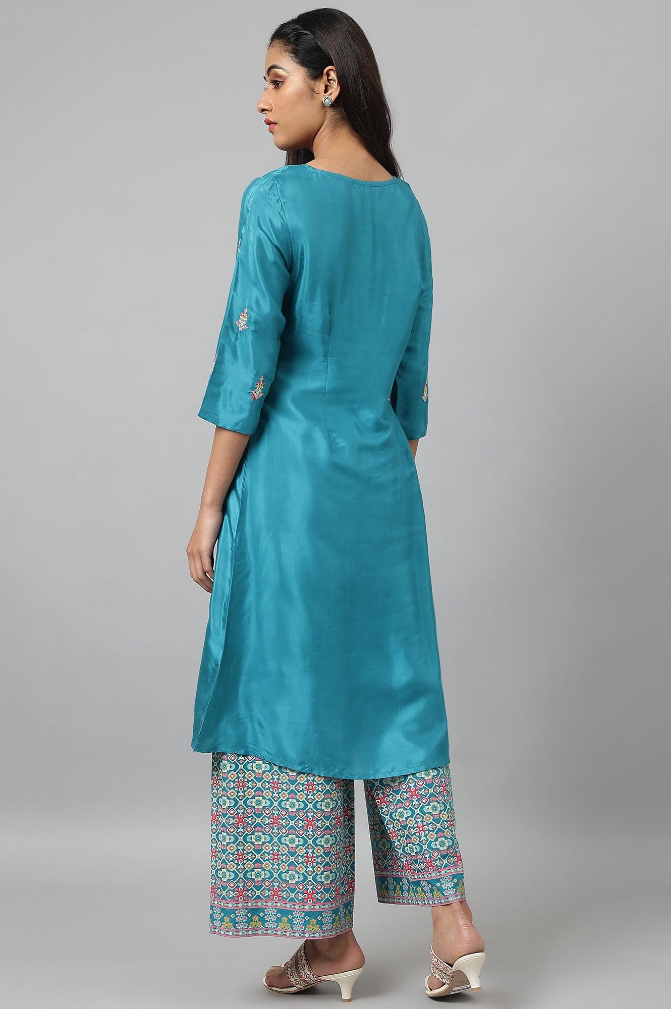 W for Woman Teal Embroidered kurta With Front Slit