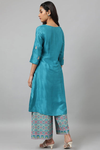 W for Woman Teal Embroidered kurta With Front Slit