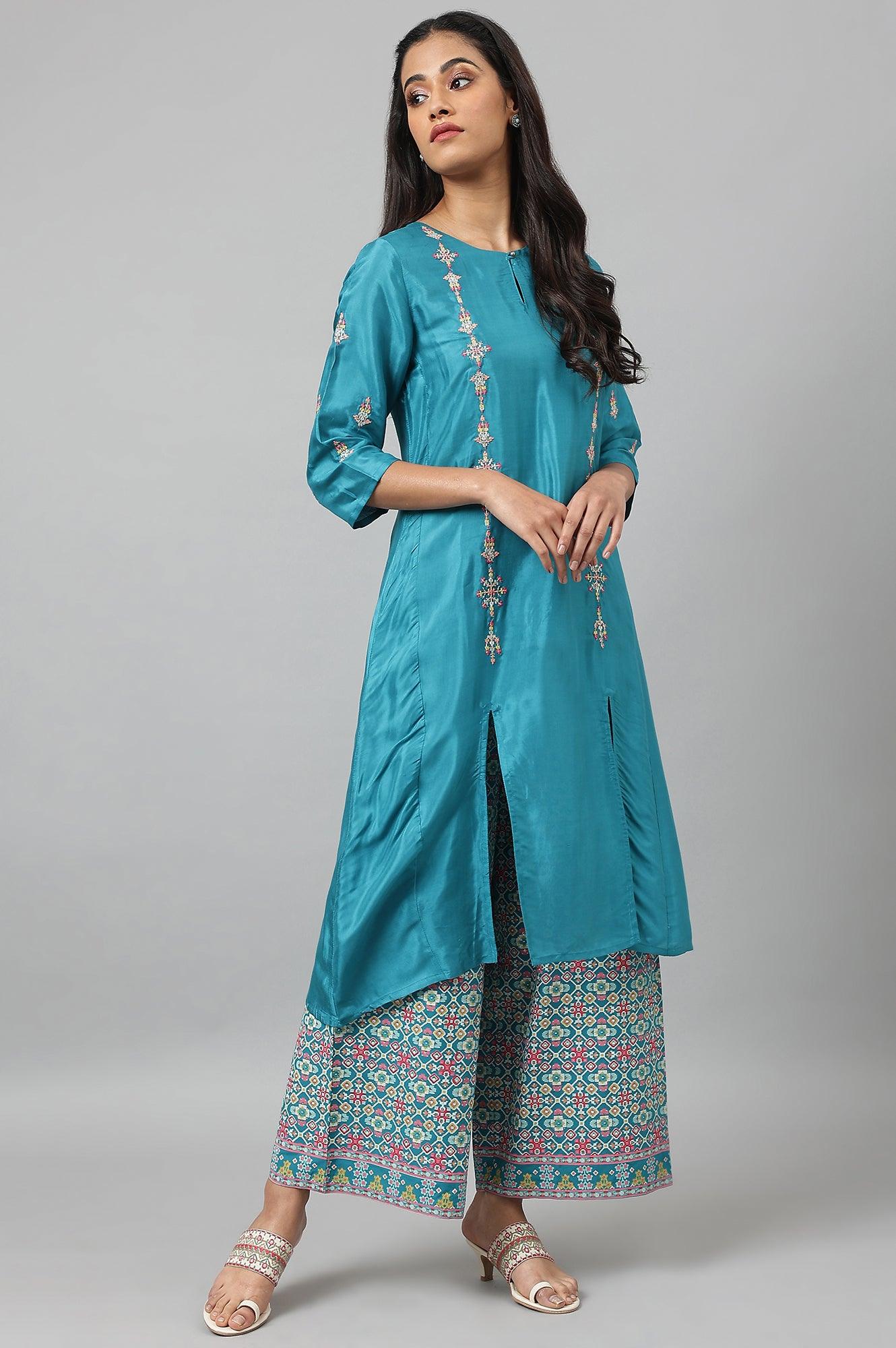 W for Woman Teal Embroidered kurta With Front Slit