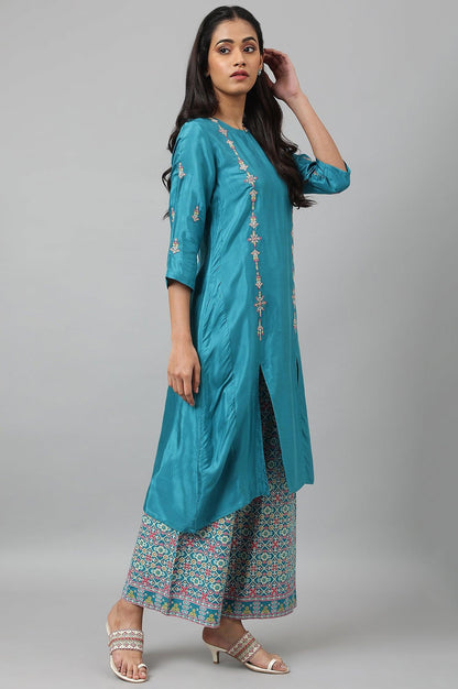 W for Woman Teal Embroidered kurta With Front Slit