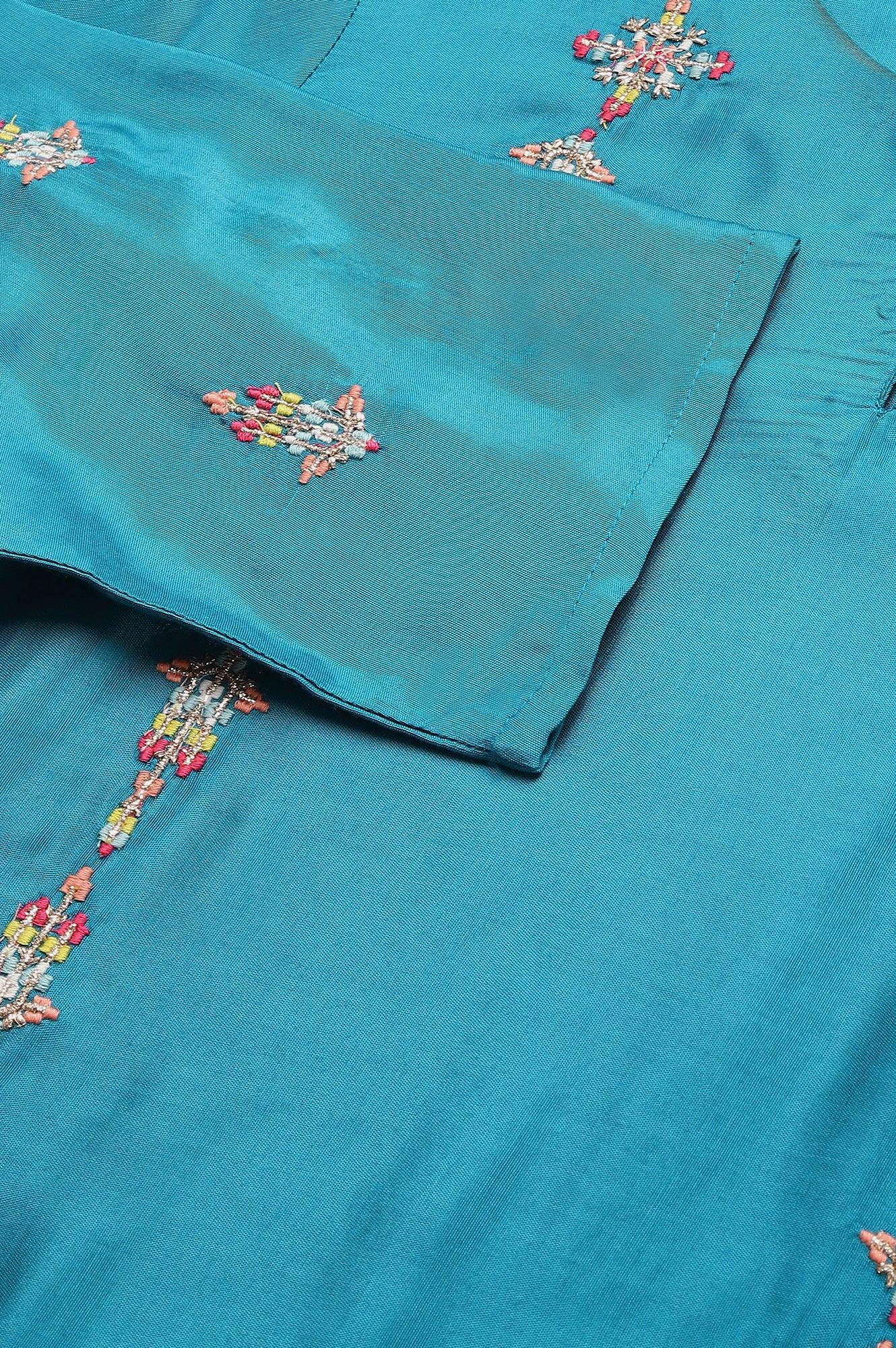 W for Woman Teal Embroidered kurta With Front Slit