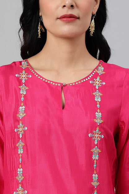 W for Woman Pink Thread Embroidery Straight Kurta and Slim Pant Set