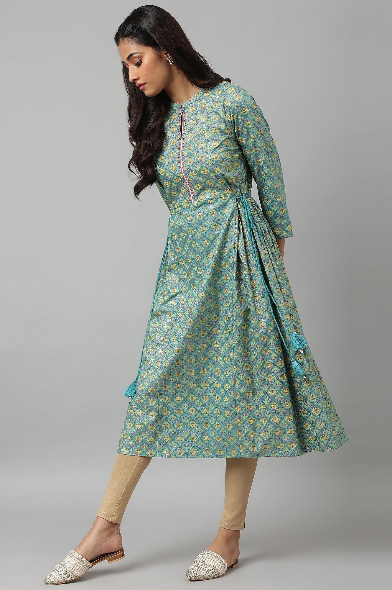 W for Woman Blue Gathered kurta With Bead Work