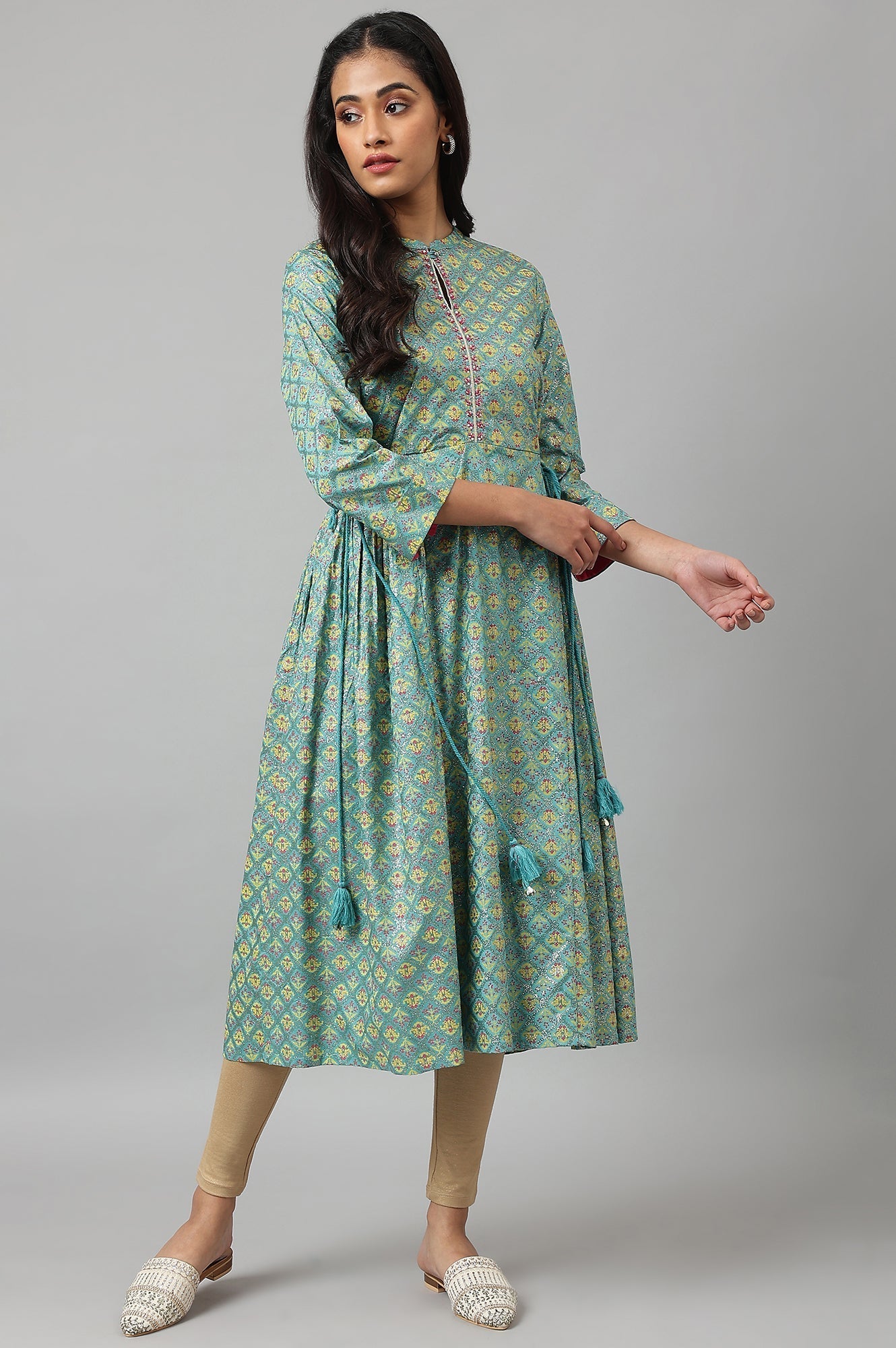 W for Woman Blue Gathered kurta With Bead Work