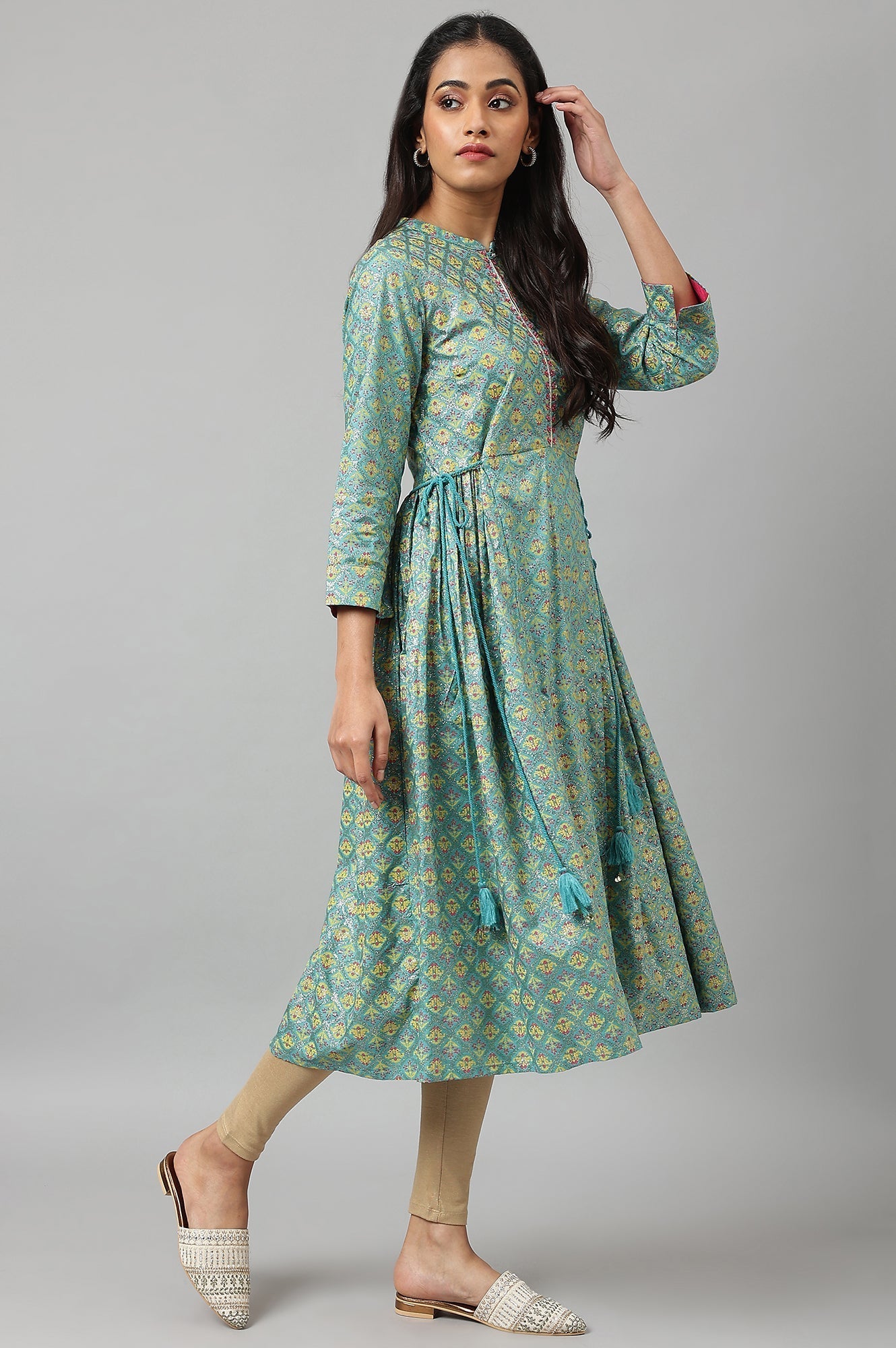 W for Woman Blue Gathered kurta With Bead Work