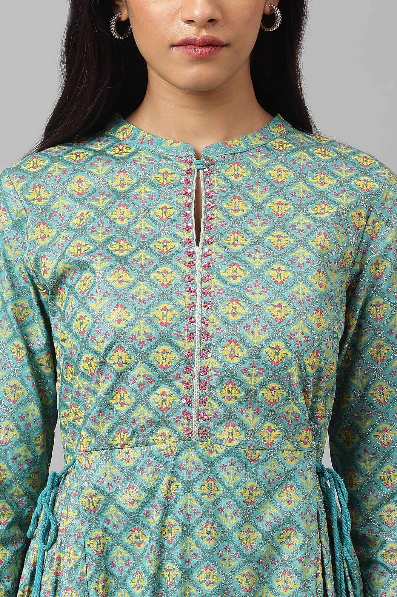 W for Woman Blue Gathered kurta With Bead Work