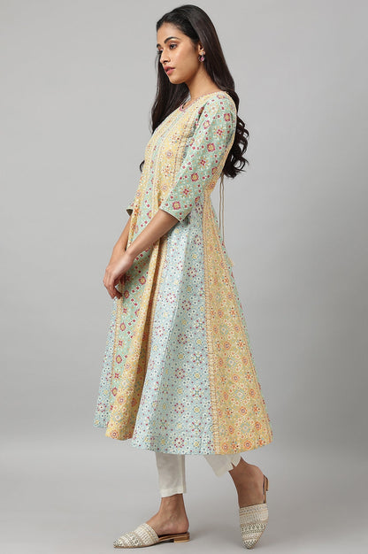 W for Woman Light Green And Yellow Panelled Kurta With Bead Work