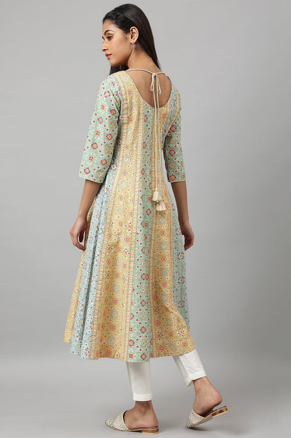 W for Woman Light Green And Yellow Panelled Kurta With Bead Work