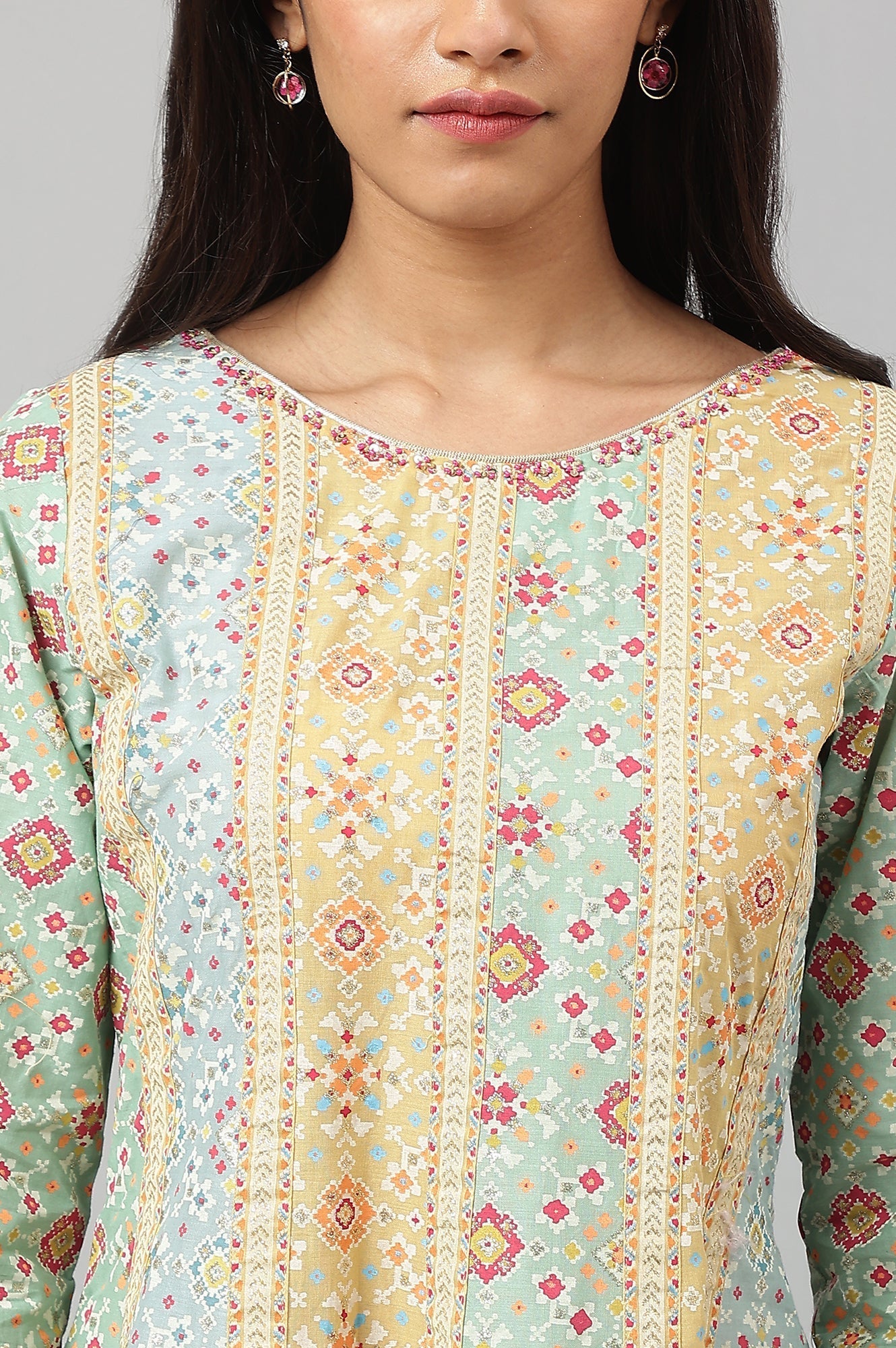 W for Woman Light Green And Yellow Panelled Kurta With Bead Work