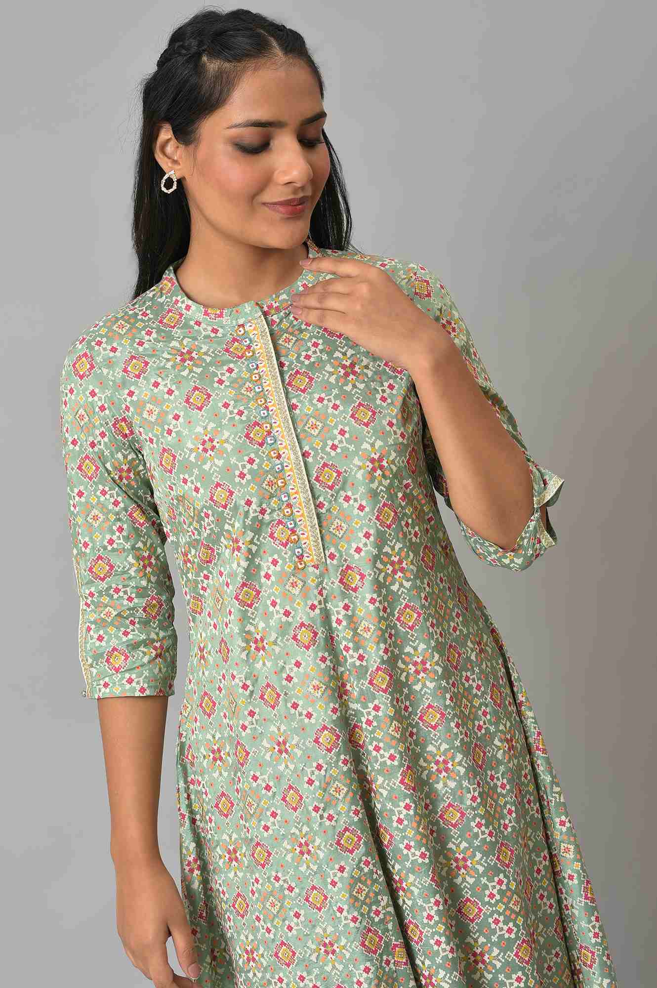 W for Woman Light Green Geometric Printed Beads Shantung A-Line Kurta and Slim Pant Set