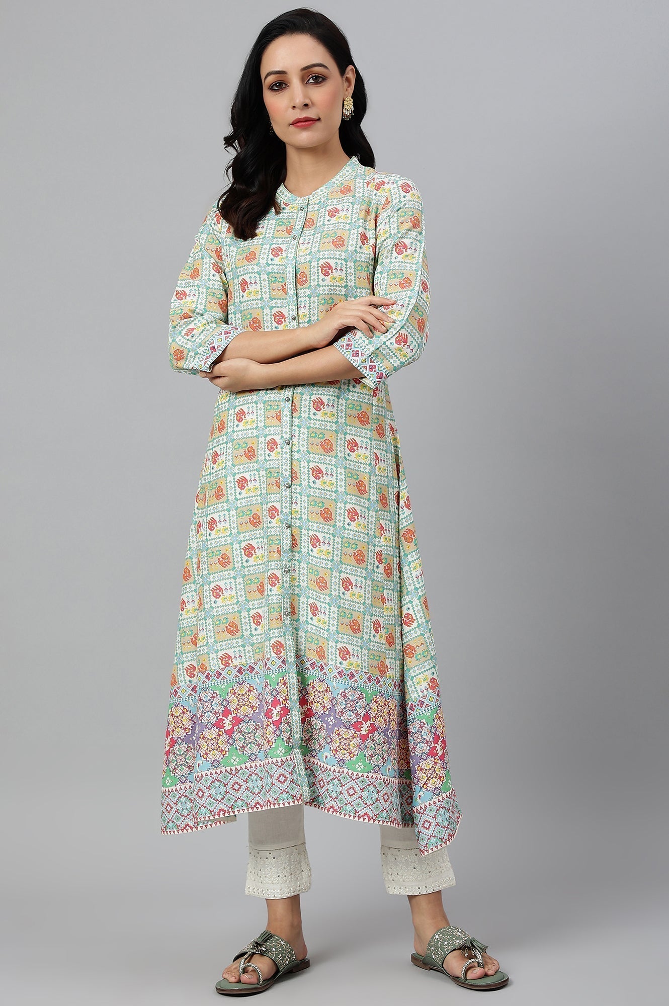 W for Woman Ecru and Multicoloured Printed Flared Kurta
