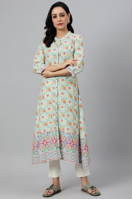 W for Woman Ecru and Multicoloured Printed Flared Kurta