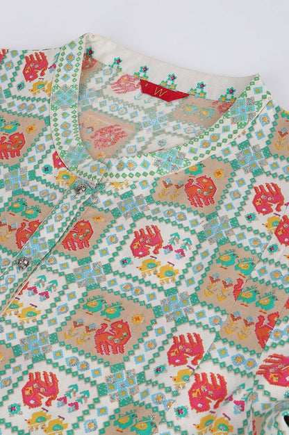 W for Woman Ecru and Multicoloured Printed Flared Kurta