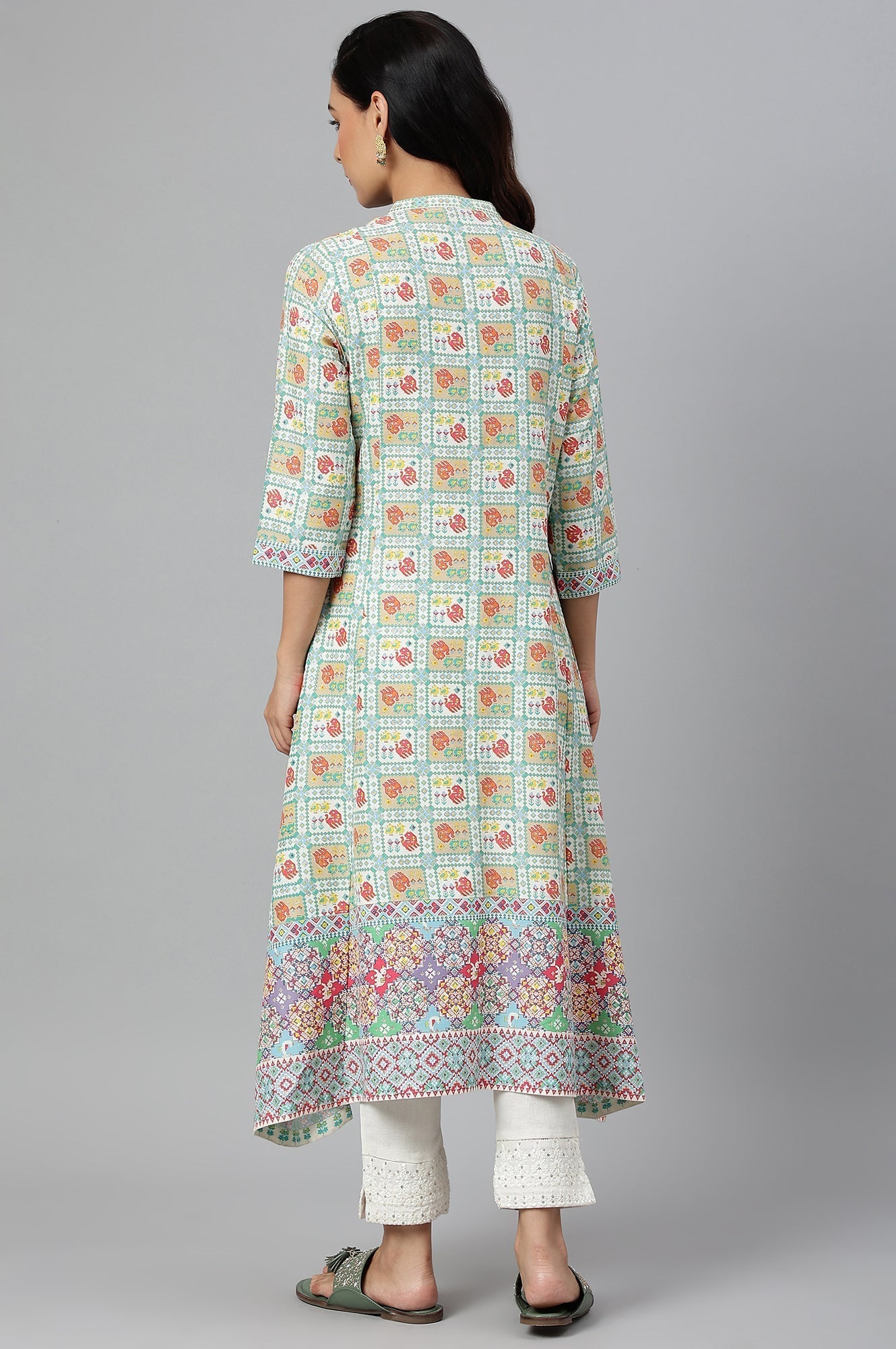 W for Woman Ecru and Multicoloured Printed Flared Kurta