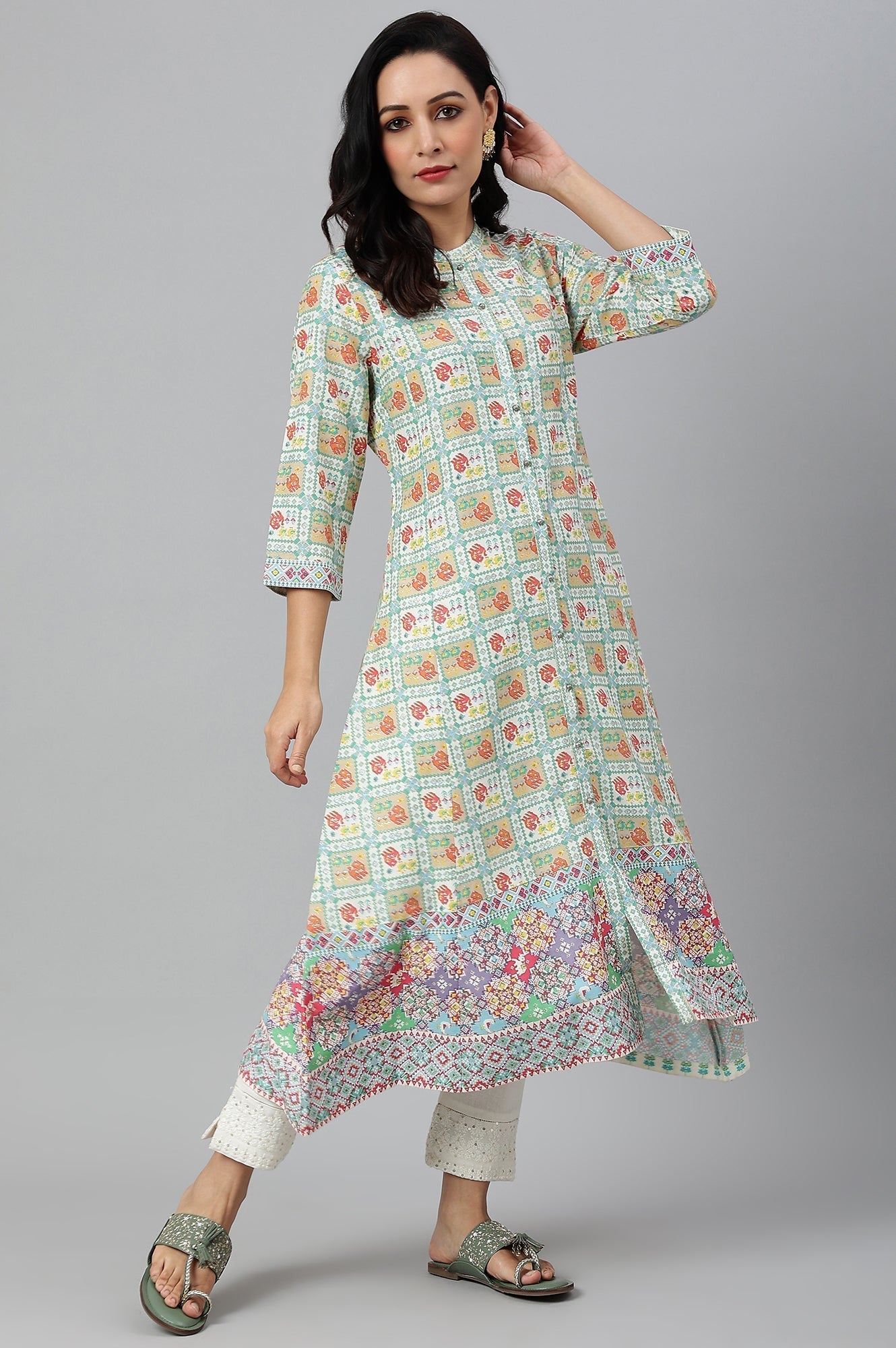 W for Woman Ecru and Multicoloured Printed Flared Kurta