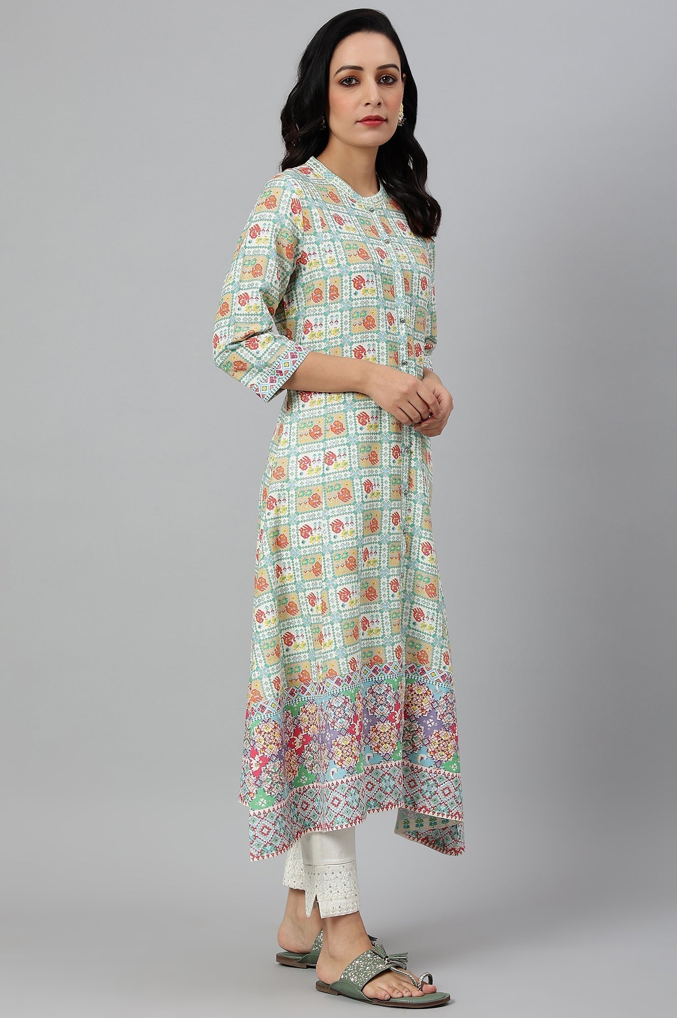 W for Woman Ecru and Multicoloured Printed Flared Kurta
