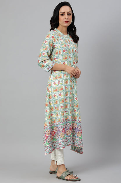 W for Woman Ecru and Multicoloured Printed Flared Kurta