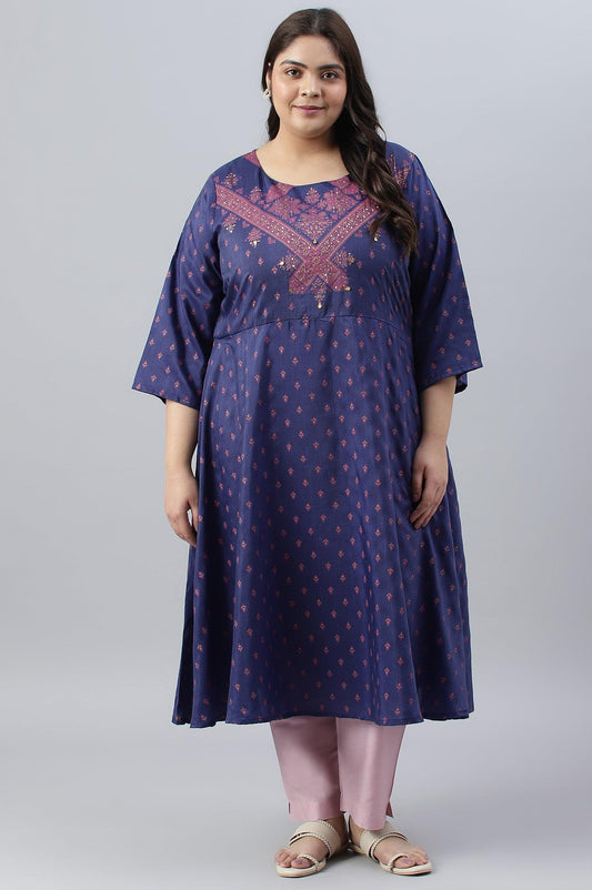 W for Woman Plus Size Navy Blue Circular kurta With Seqiuns