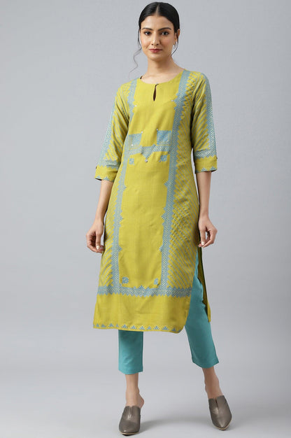 W for Woman Green Placement Print Embellished kurta