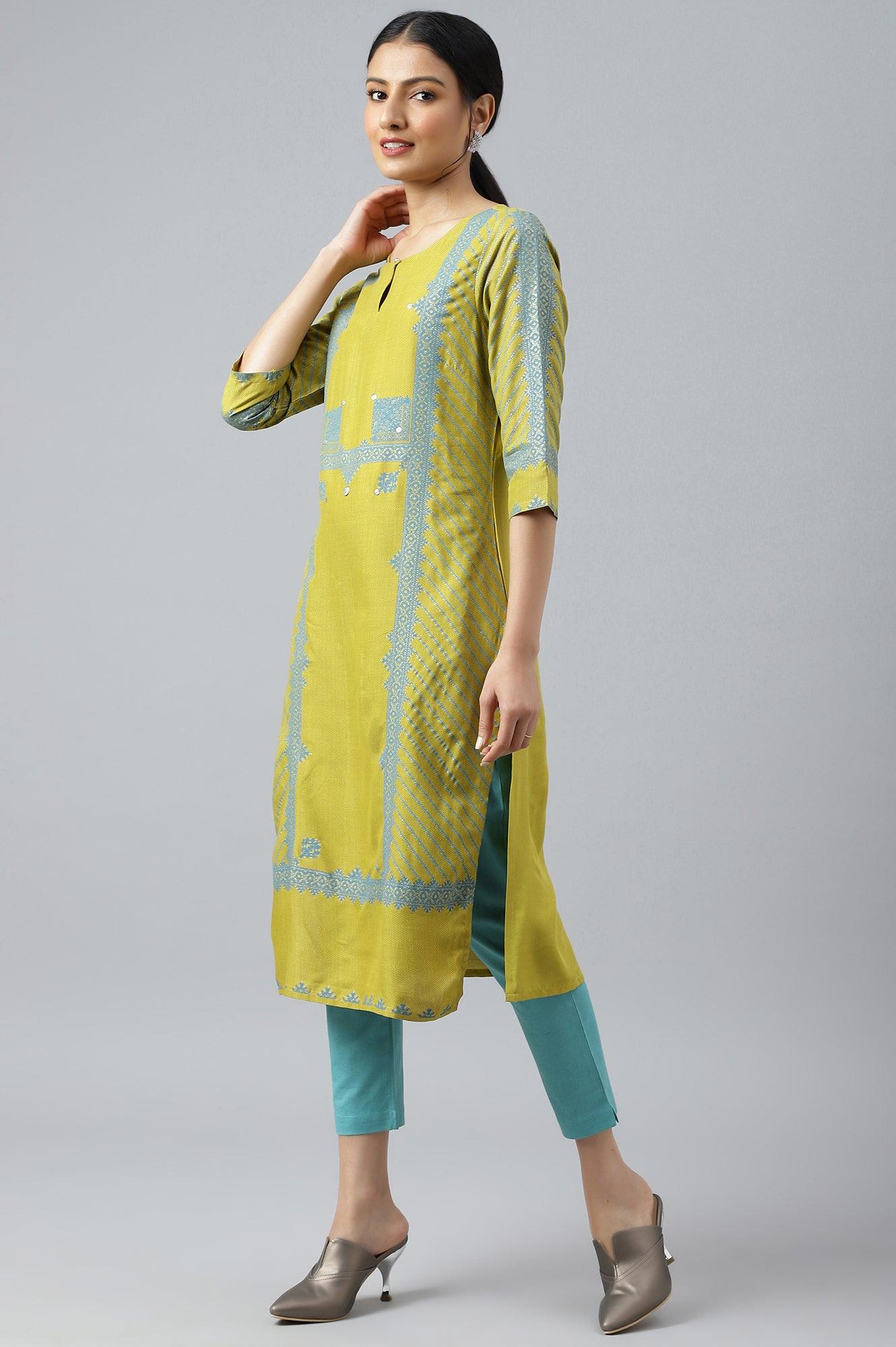 W for Woman Green Placement Print Embellished kurta