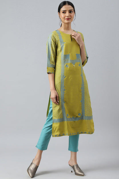 W for Woman Green Placement Print Embellished kurta