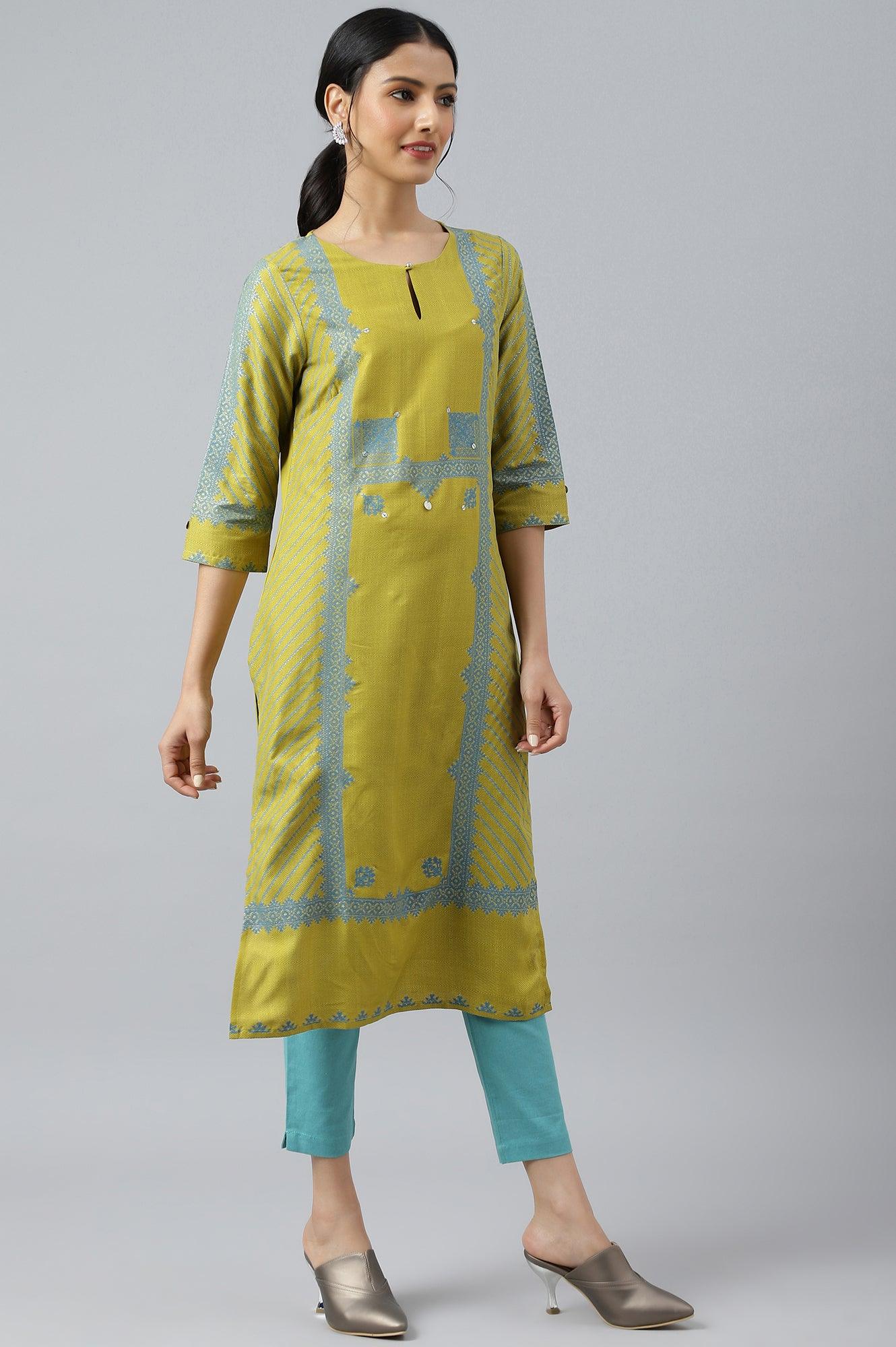 W for Woman Green Placement Print Embellished kurta