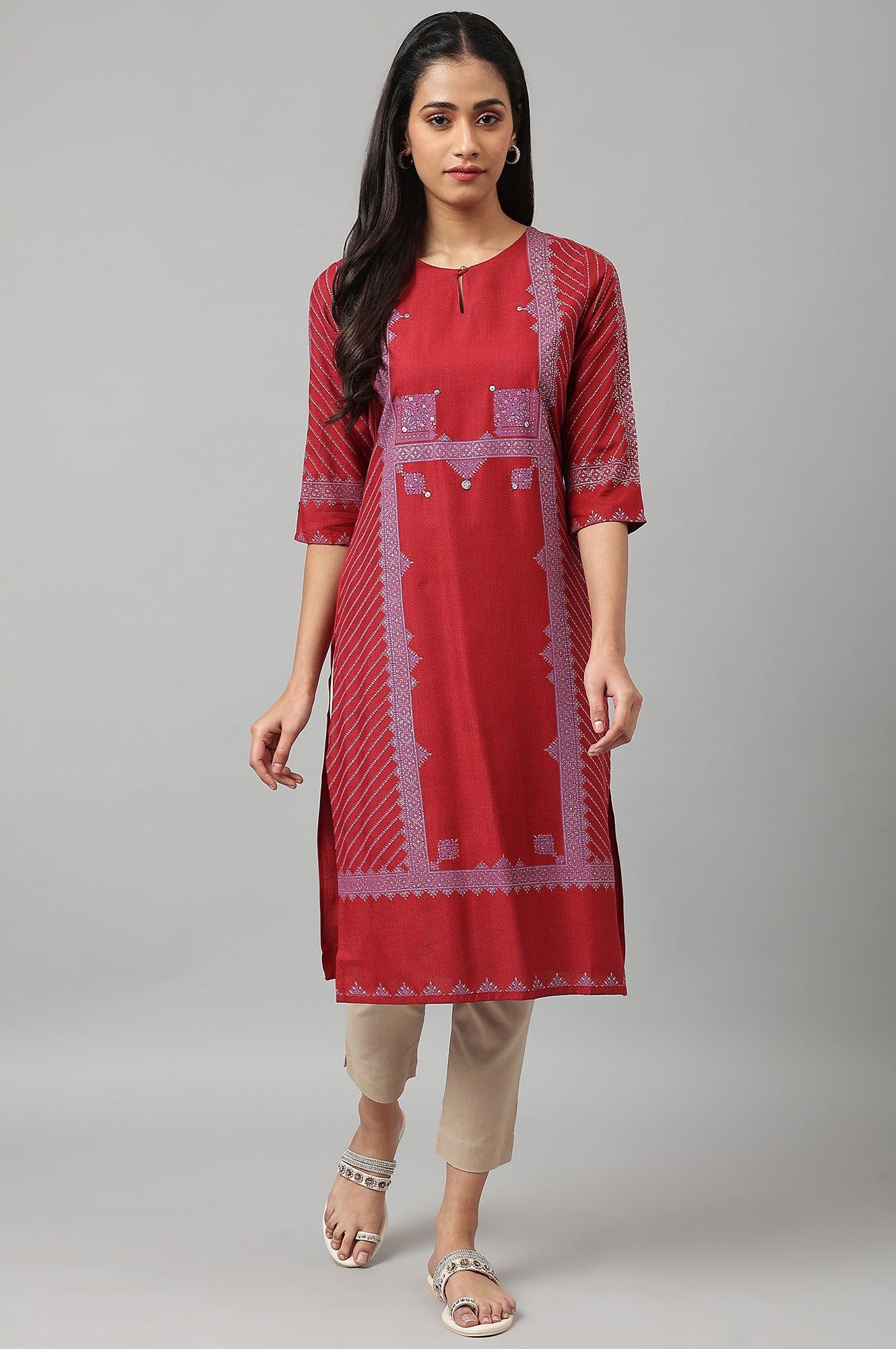 W for Woman Red Placement Print Embellished kurta
