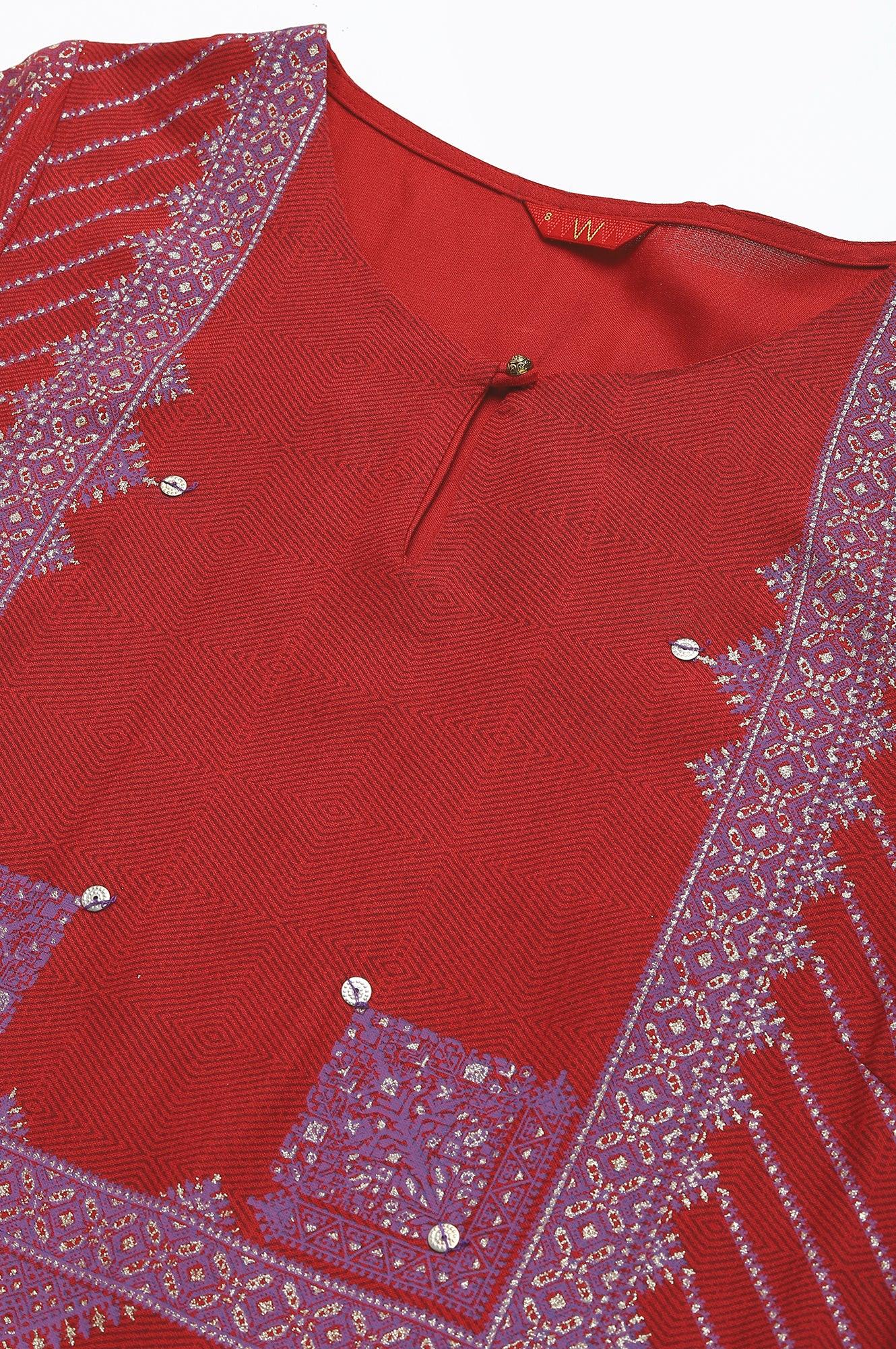 W for Woman Red Placement Print Embellished kurta