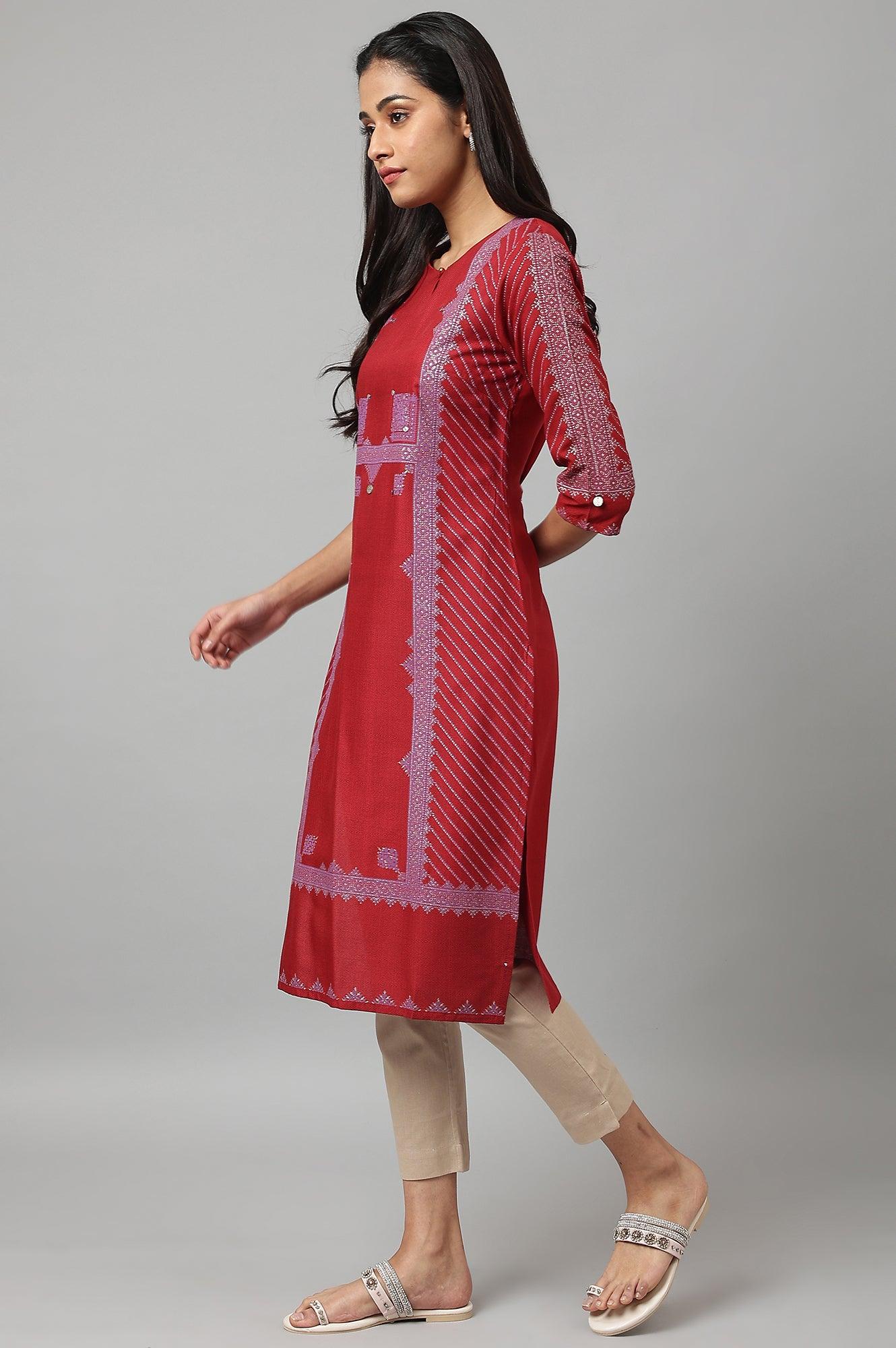 W for Woman Red Placement Print Embellished kurta