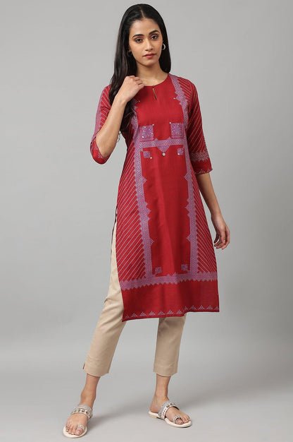 W for Woman Red Placement Print Embellished kurta