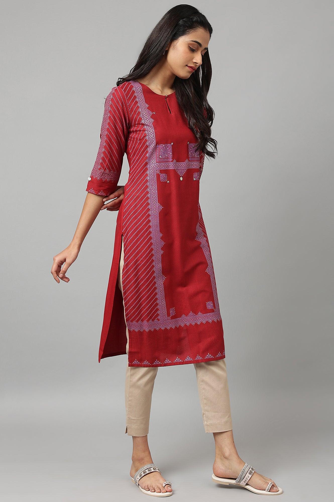 W for Woman Red Placement Print Embellished kurta