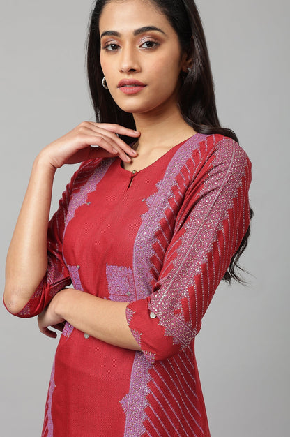 W for Woman Red Sequins A-line Kurta and Slim Pant Set