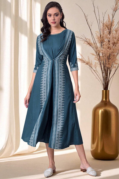 W for Woman Liva Eco Teal Printed Flared Mock Layered Kimono Jumpsuit