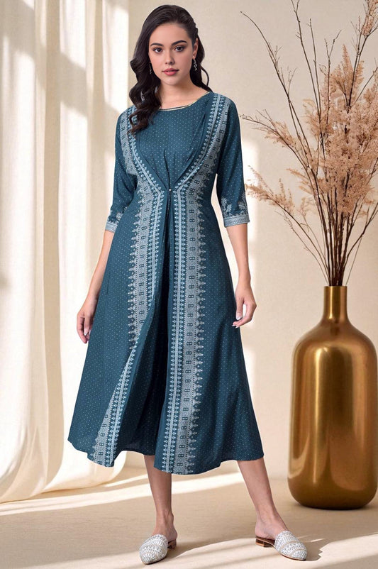 W for Woman Liva Eco Teal Printed Flared Mock Layered Kimono Jumpsuit
