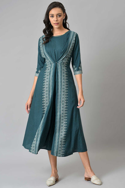 W for Woman Liva Eco Teal Printed Flared Mock Layered Kimono Jumpsuit