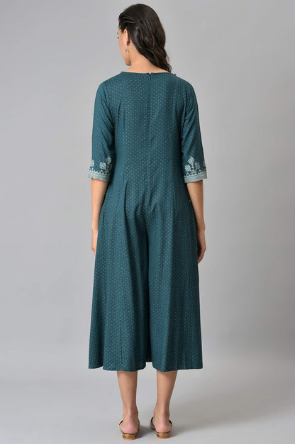 W for Woman Liva Eco Teal Printed Flared Mock Layered Kimono Jumpsuit