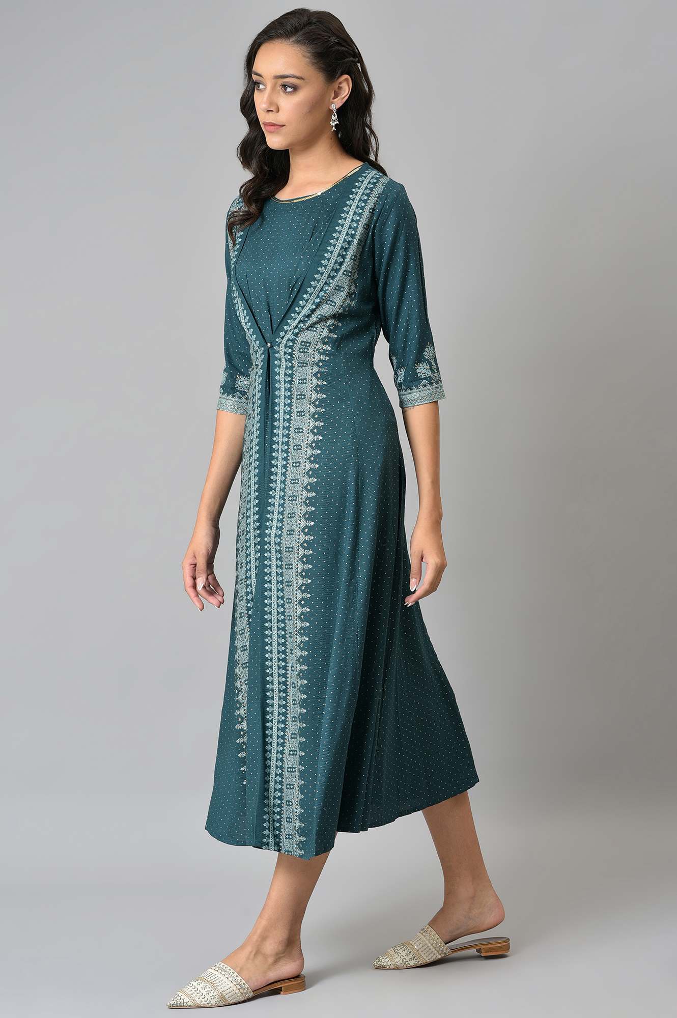 W for Woman Liva Eco Teal Printed Flared Mock Layered Kimono Jumpsuit