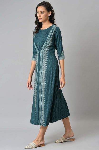 W for Woman Liva Eco Teal Printed Flared Mock Layered Kimono Jumpsuit