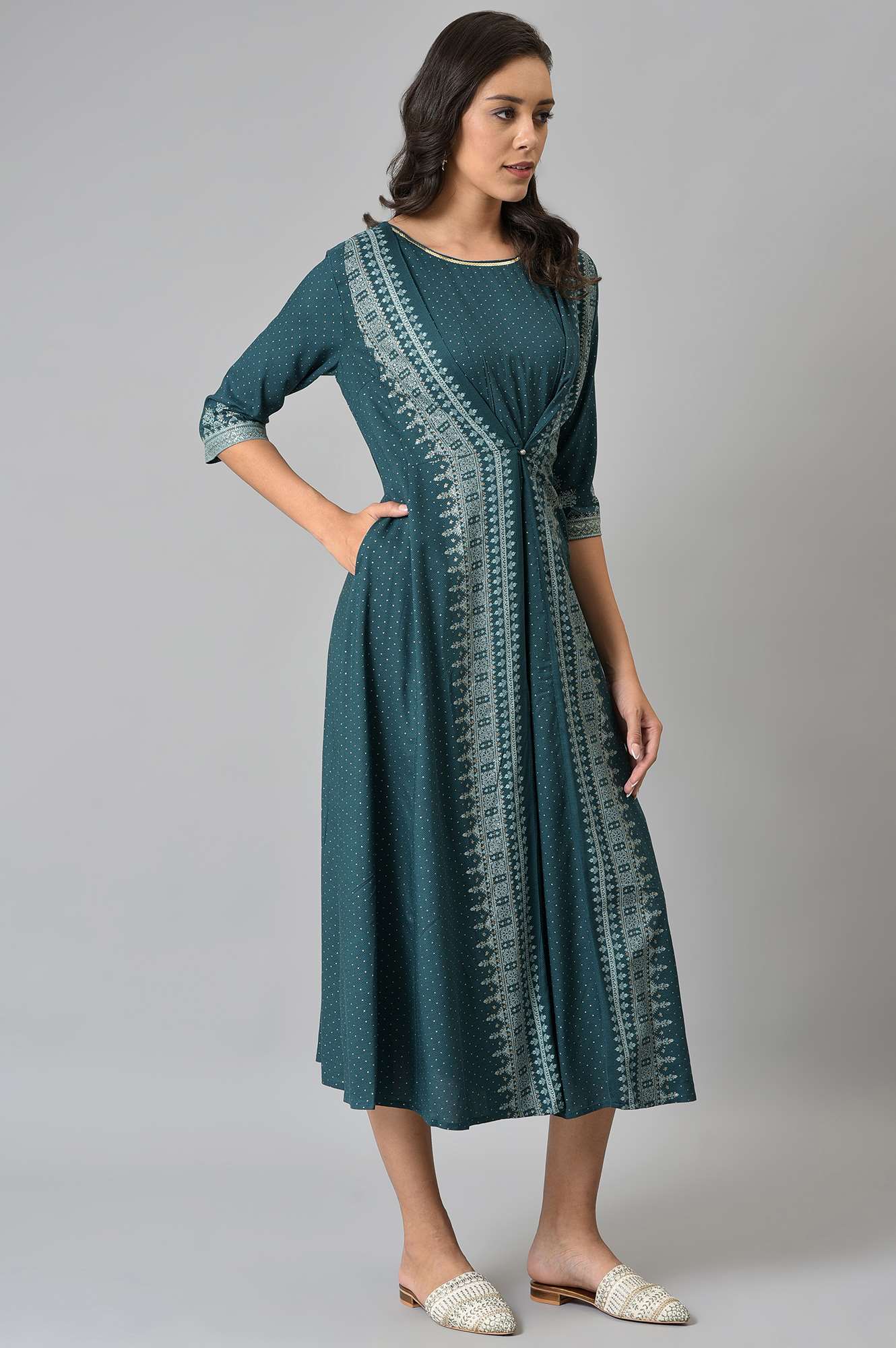 W for Woman Liva Eco Teal Printed Flared Mock Layered Kimono Jumpsuit