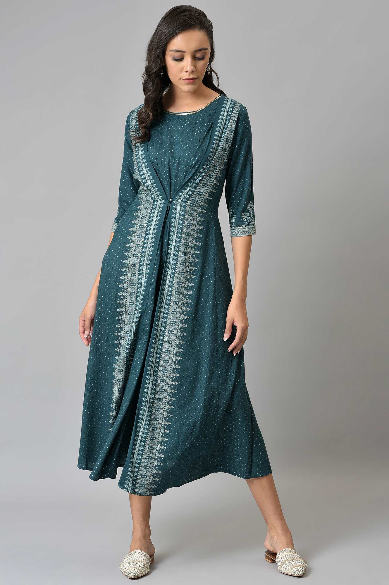 W for Woman Liva Eco Teal Printed Flared Mock Layered Kimono Jumpsuit