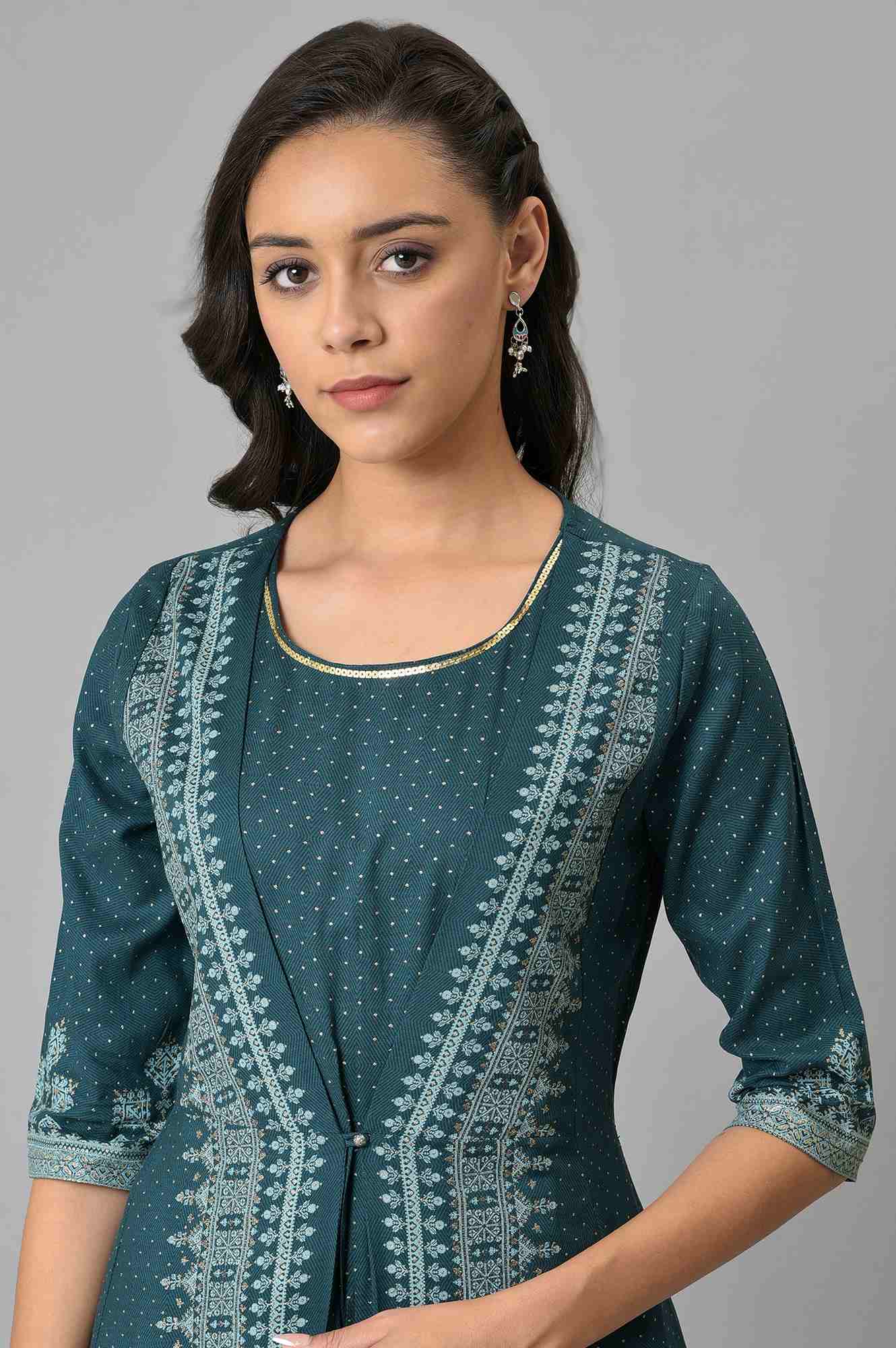 W for Woman Liva Eco Teal Printed Flared Mock Layered Kimono Jumpsuit