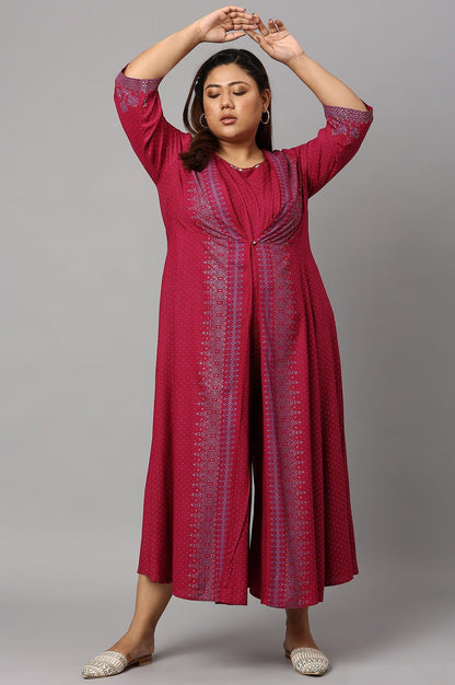 W for Woman Plus Size Dark Pink Mock Layer Embellished Liva Eco Kimono Jumpsuit