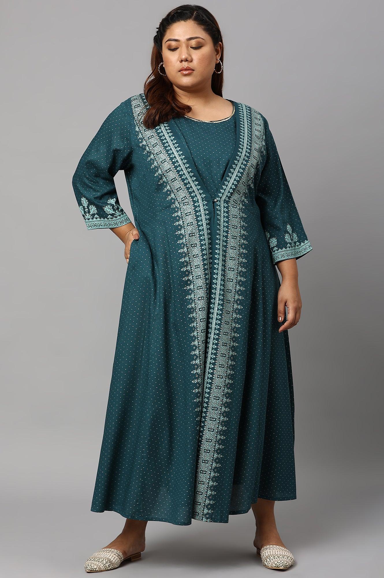 W for Woman Plus Size Teal Mock Layered Liva Eco Kimono Jumpsuit
